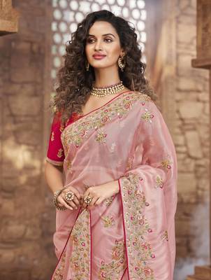 Baby pink embroidered organza saree with blouse 2