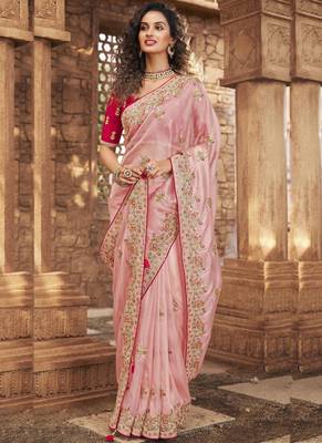 Baby pink embroidered organza saree with blouse 3
