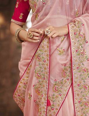 Baby pink embroidered organza saree with blouse 4