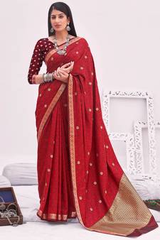 Red woven banarasi silk saree with blouse
