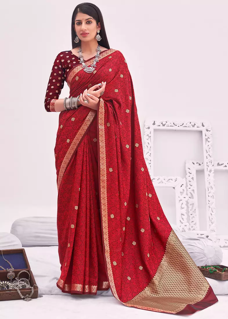 Red woven banarasi silk saree with blouse