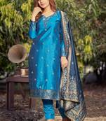 Dark-sky-blue woven banarasi salwar