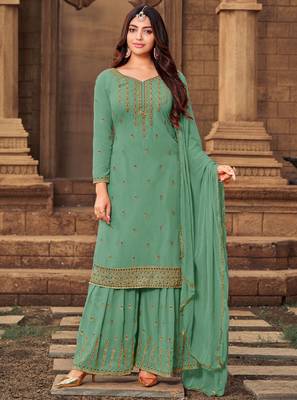Sea-green embroidered faux georgette salwar 1
