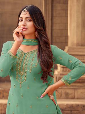 Sea-green embroidered faux georgette salwar 2