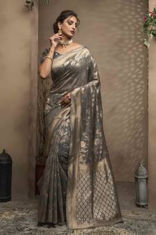 Grey Woven Cotton Saree With Blouse