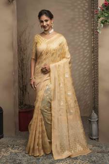 Cream Woven Cotton Saree With Blouse