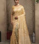 Cream Woven Cotton Saree With Blouse