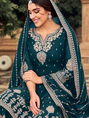 Teal embroidered faux georgette salwar 3