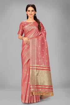 Pink woven silk saree with blouse