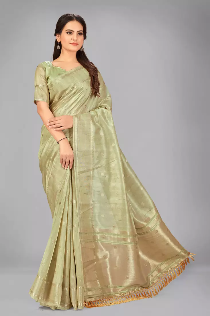 Light green woven silk saree with blouse