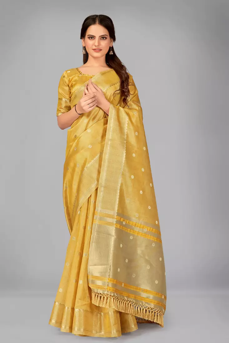 Mustard woven silk saree with blouse