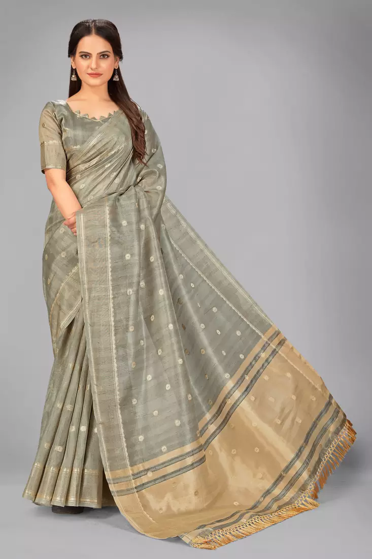 Grey woven silk saree with blouse