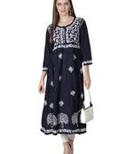 Hand Embroidered Navy Blue Cotton Lucknowi Chikan Kurti