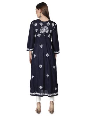 Hand Embroidered Navy Blue Cotton Lucknowi Chikan Kurti 2
