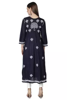 Hand Embroidered Navy Blue Cotton Lucknowi Chikan Kurti