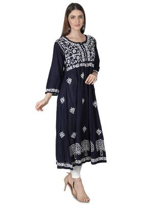 Hand Embroidered Navy Blue Cotton Lucknowi Chikan Kurti 3