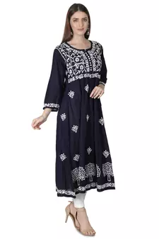 Hand Embroidered Navy Blue Cotton Lucknowi Chikan Kurti