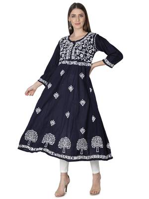 Hand Embroidered Navy Blue Cotton Lucknowi Chikan Kurti 4