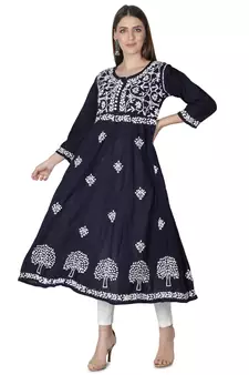 Hand Embroidered Navy Blue Cotton Lucknowi Chikan Kurti