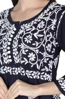 Hand Embroidered Navy Blue Cotton Lucknowi Chikan Kurti