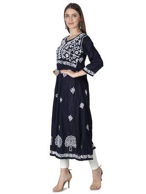 Hand Embroidered Navy Blue Cotton Lucknowi Chikan Kurti 6