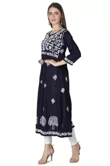 Hand Embroidered Navy Blue Cotton Lucknowi Chikan Kurti