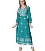 Hand Embroidered Pine Green Cotton Lucknowi Chikan Kurti