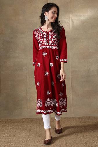 Hand Embroidered Red Cotton Lucknowi Chikankari Kurti