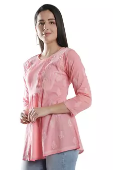 Hand Embroidered Peach Cotton Lucknowi Chikankari Top