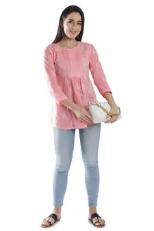 Hand Embroidered Peach Cotton Lucknowi Chikankari Top