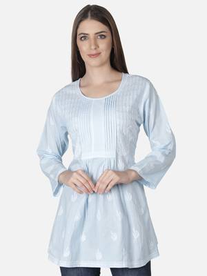 Seva Chikan Hand Embroidered Blue Cotton Lucknowi Chikankari Top 1