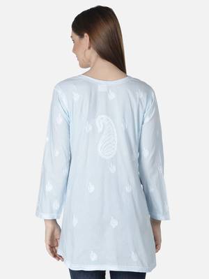 Seva Chikan Hand Embroidered Blue Cotton Lucknowi Chikankari Top 2