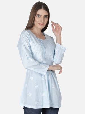 Seva Chikan Hand Embroidered Blue Cotton Lucknowi Chikankari Top 3