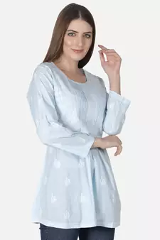 Seva Chikan Hand Embroidered Blue Cotton Lucknowi Chikankari Top