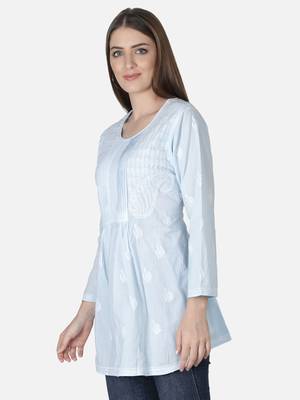 Seva Chikan Hand Embroidered Blue Cotton Lucknowi Chikankari Top 4