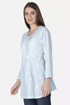 Seva Chikan Hand Embroidered Blue Cotton Lucknowi Chikankari Top