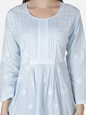 Seva Chikan Hand Embroidered Blue Cotton Lucknowi Chikankari Top 5