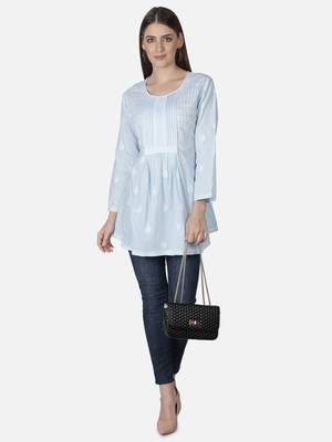Seva Chikan Hand Embroidered Blue Cotton Lucknowi Chikankari Top 6