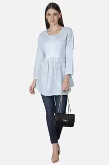 Seva Chikan Hand Embroidered Blue Cotton Lucknowi Chikankari Top