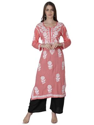 Hand Embroidered Peach Cotton Lucknowi Chikankari Kurti 1