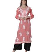 Hand Embroidered Peach Cotton Lucknowi Chikankari Kurti