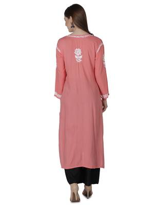 Hand Embroidered Peach Cotton Lucknowi Chikankari Kurti 2