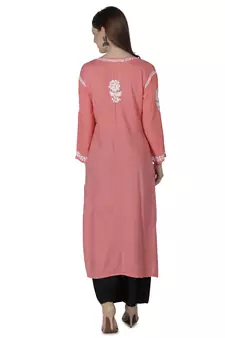 Hand Embroidered Peach Cotton Lucknowi Chikankari Kurti