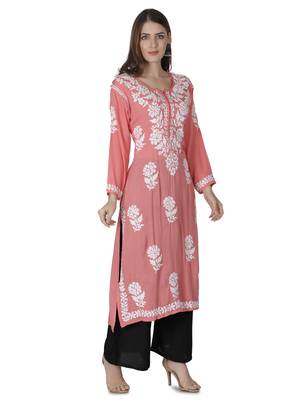 Hand Embroidered Peach Cotton Lucknowi Chikankari Kurti 3