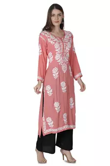 Hand Embroidered Peach Cotton Lucknowi Chikankari Kurti