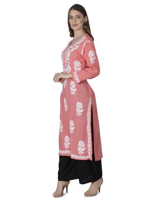 Hand Embroidered Peach Cotton Lucknowi Chikankari Kurti 4