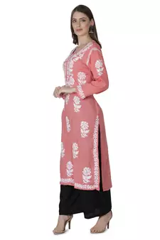 Hand Embroidered Peach Cotton Lucknowi Chikankari Kurti