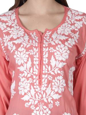 Hand Embroidered Peach Cotton Lucknowi Chikankari Kurti 5