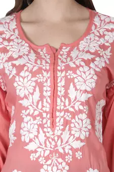Hand Embroidered Peach Cotton Lucknowi Chikankari Kurti