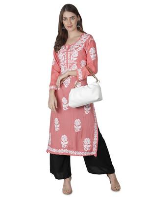 Hand Embroidered Peach Cotton Lucknowi Chikankari Kurti 6
